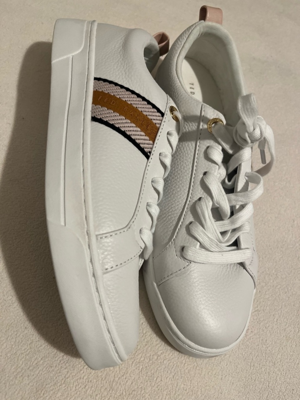 Ted Baker White Leather Sneakers with Pink & Tan Stripe
